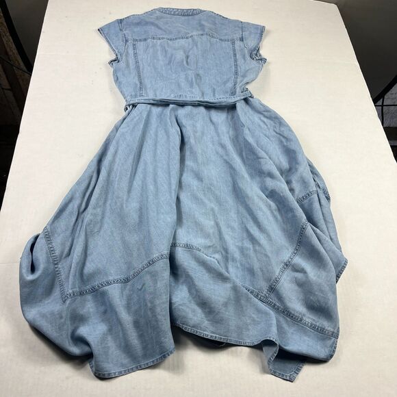 DKNY Cap Short Sleeve Chambray Dress Size 2 Blue Belted Asymmetrical Hem Midi - Picture 10 of 11